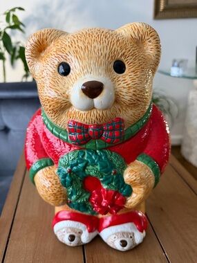 Festive Red & Green Holiday Bear Ceramic Cookie Jar
